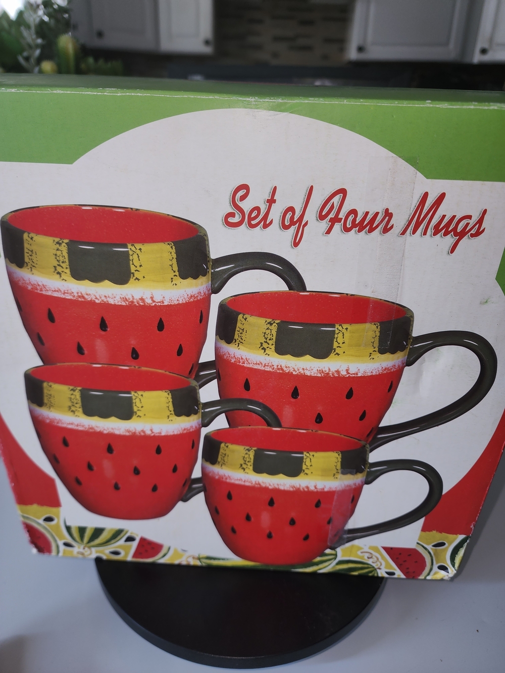 Set of Four Watermelon-Pattern Ceramic Mugs - Red